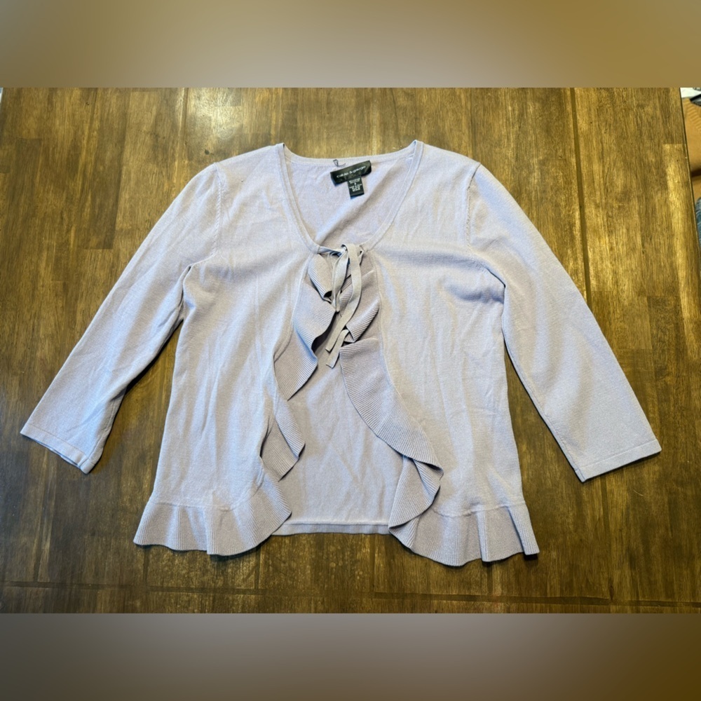 Cable & Gauge Cardigan Womans SZ S Soft Lilac Front Tie Ruffle Front Long Sleeve
